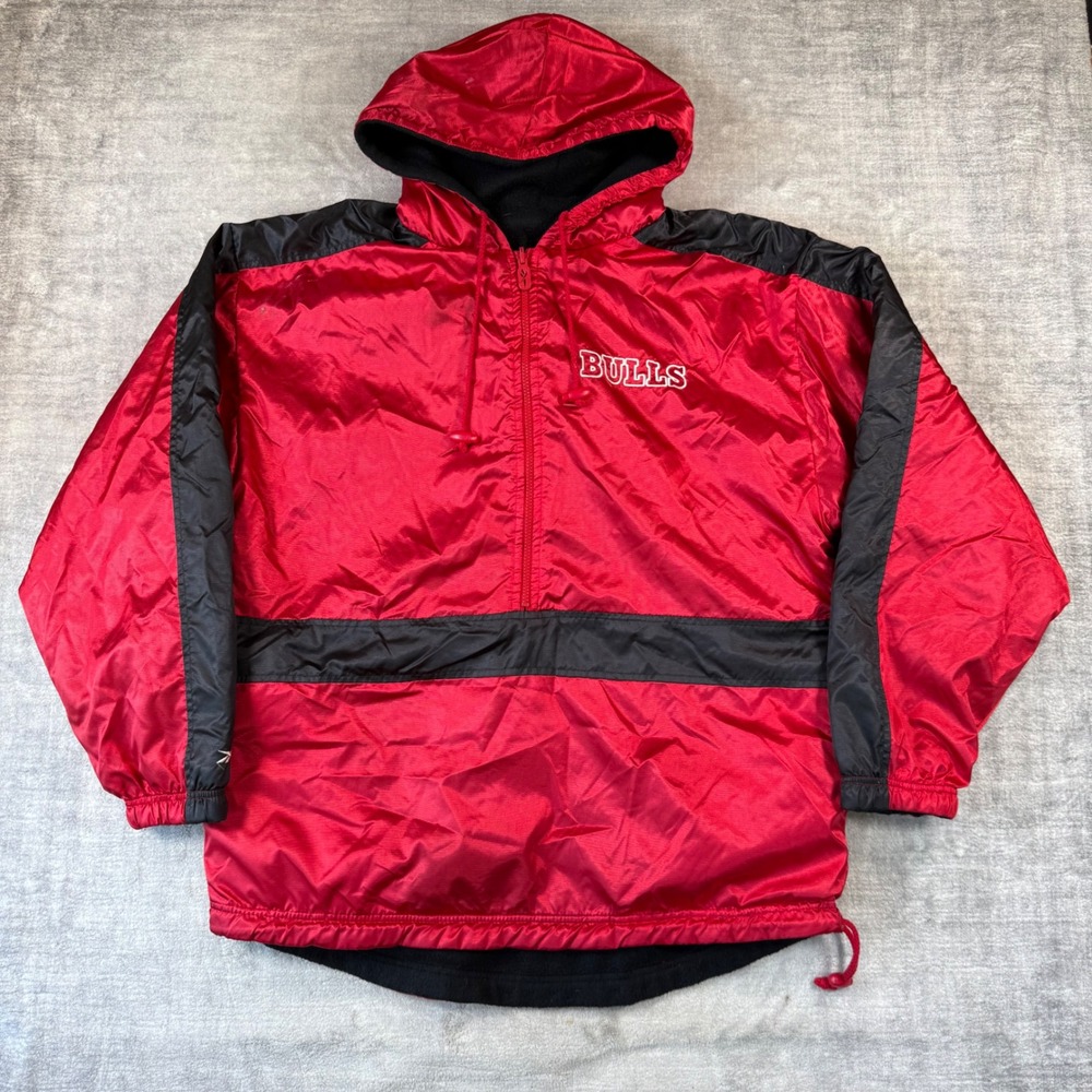 Chicago Bulls Jacket Mens Large Red Vtg Reversible Fleece Hooded Anorak Reebok